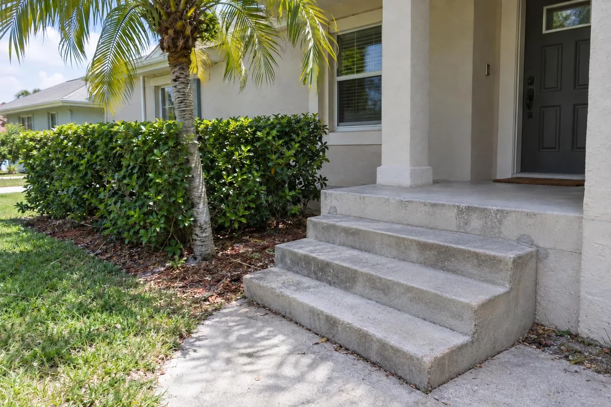 A level concrete porch landing with front steps beside a hedge and palm tree