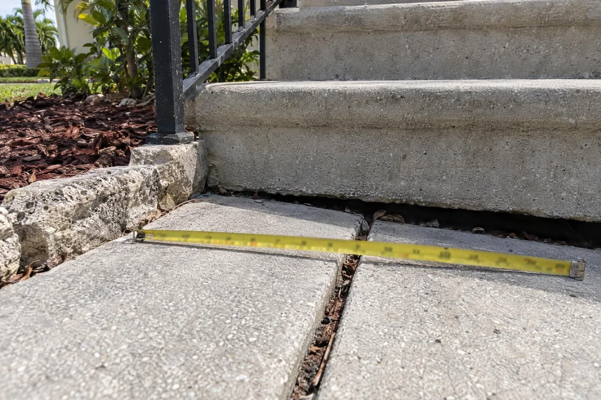 Concrete steps with a gap at the landing and a tape measure across it