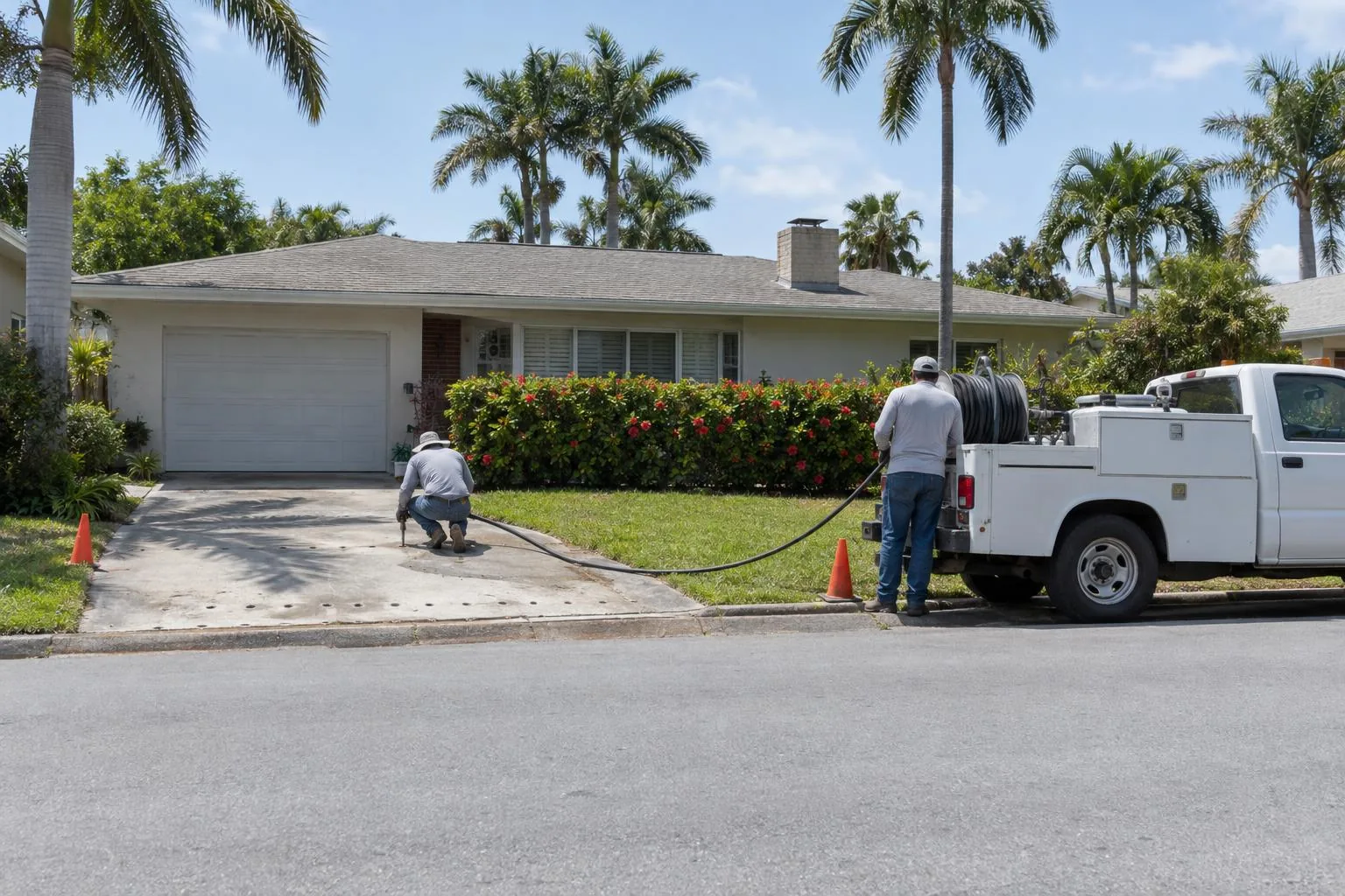 Two workers lifting a sunken concrete driveway slab beside a work truck at a Florida stucco home