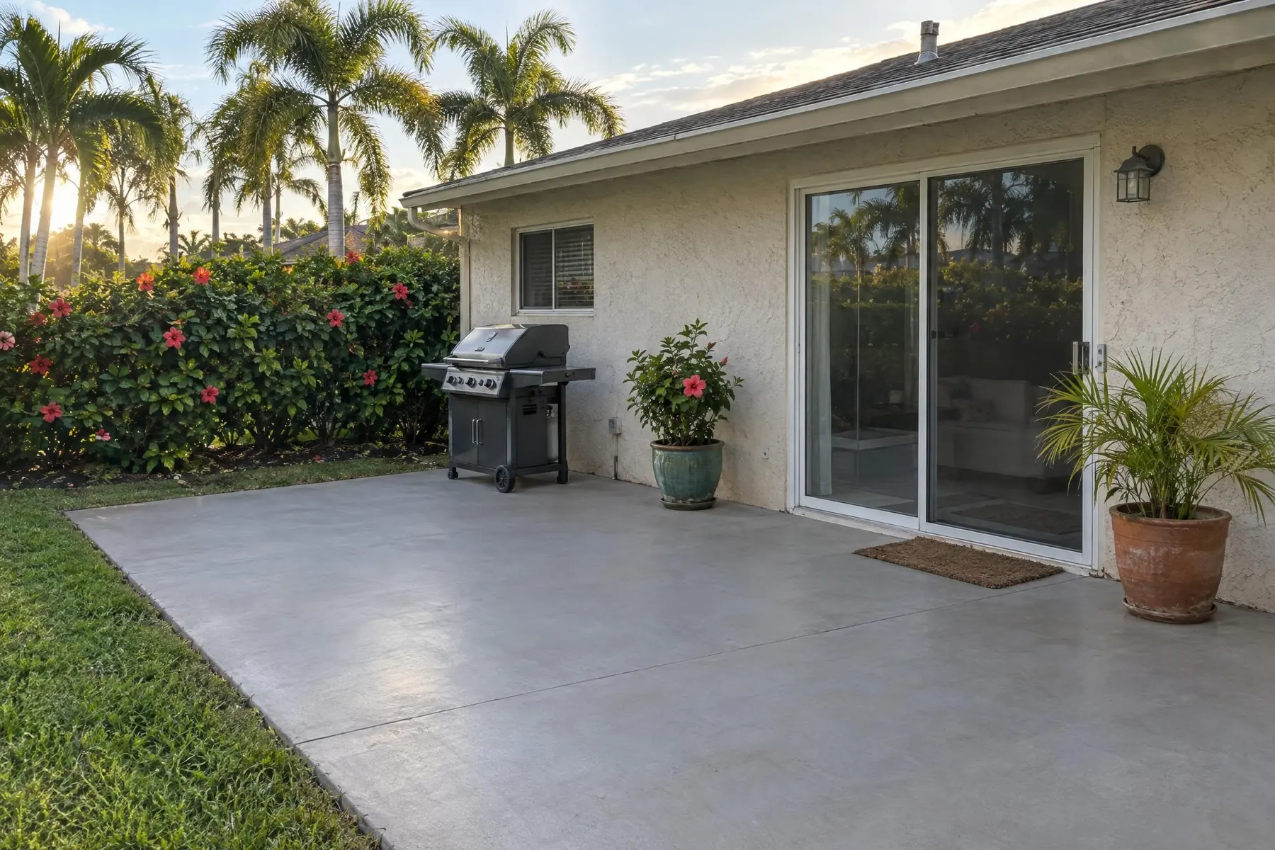 A level concrete patio beside a stucco house with palms and potted plants