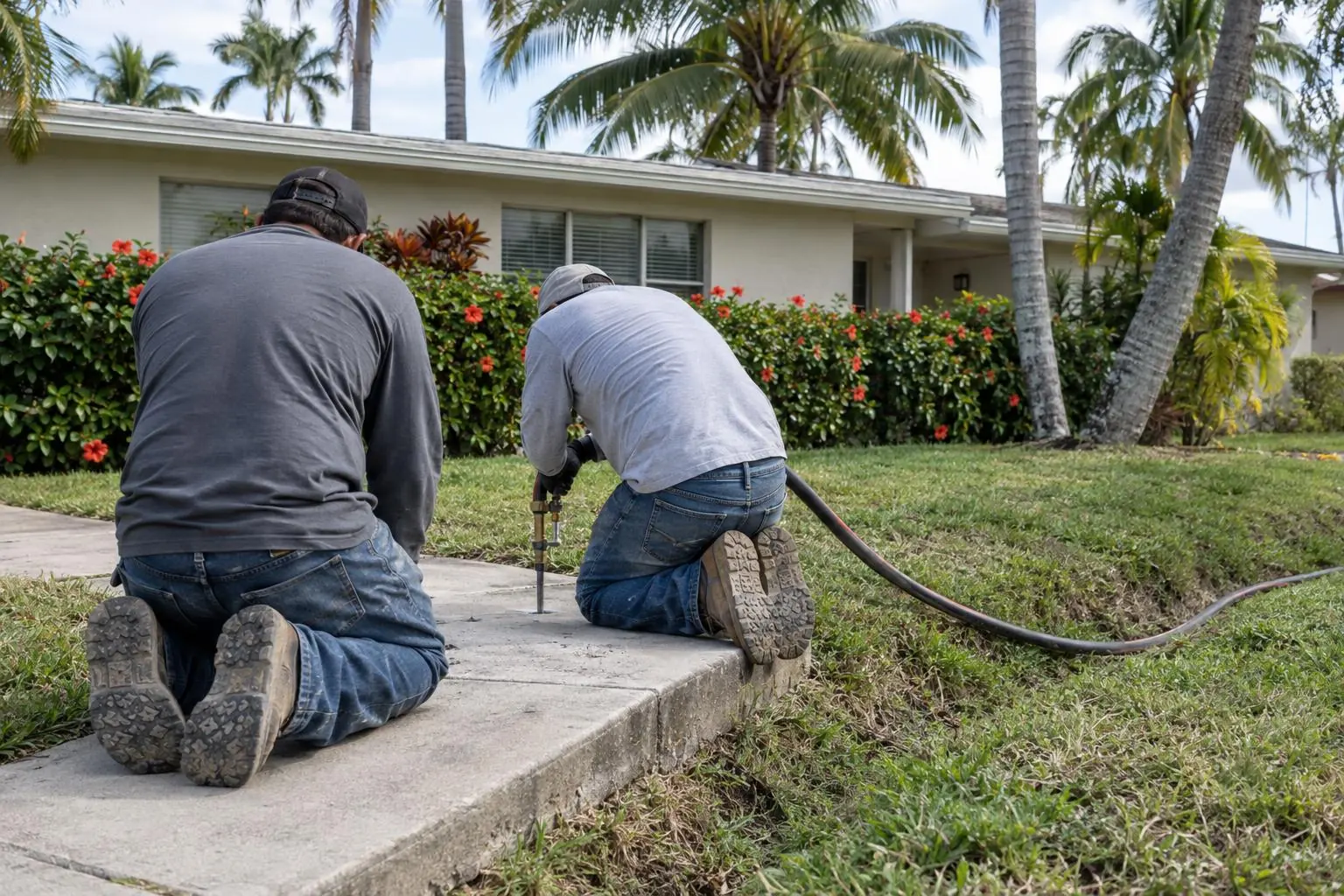 A concrete sidewalk panel with an injection hose and a small drilled hole