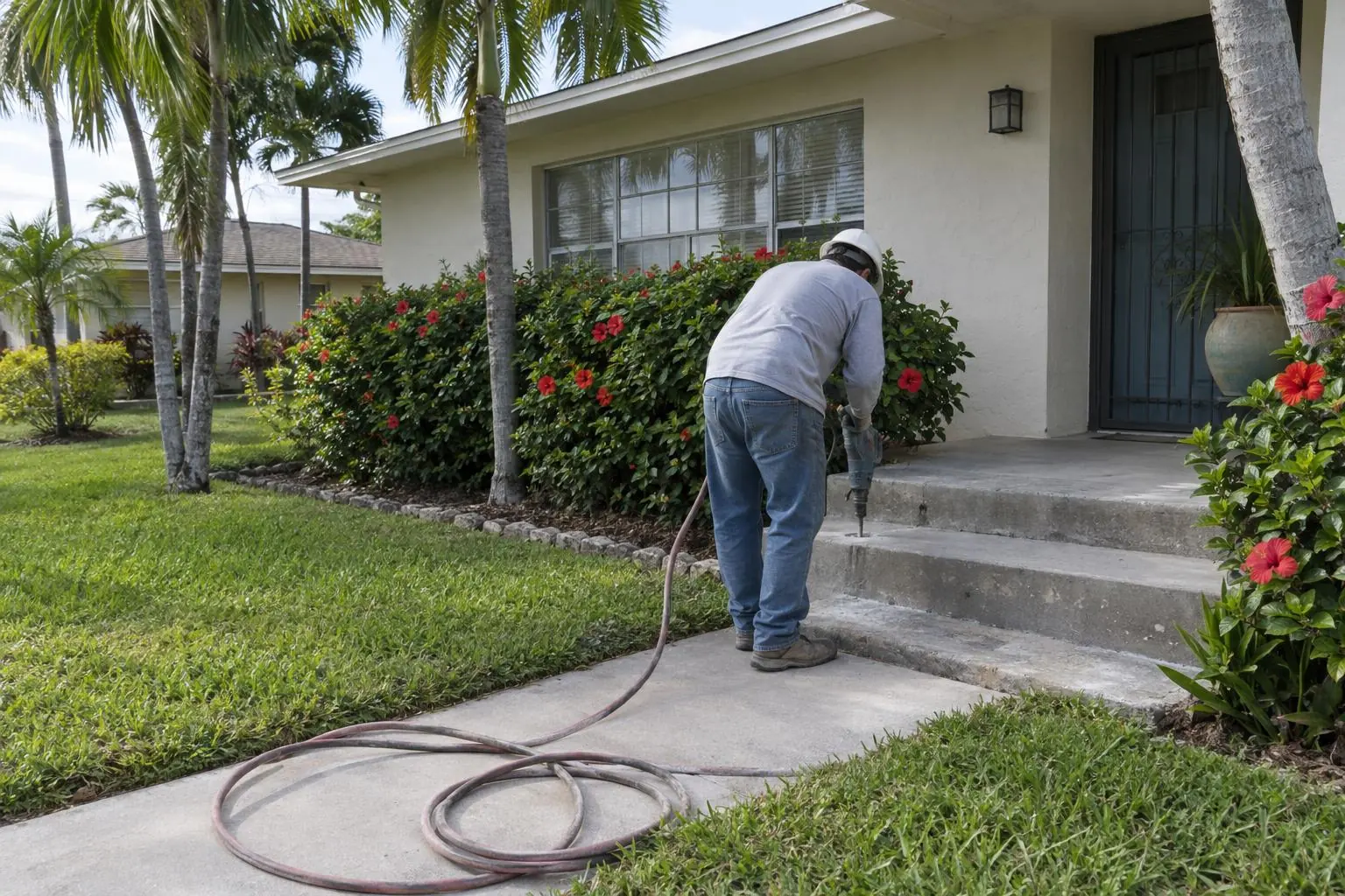 A worker lifting front concrete steps with an injection hose